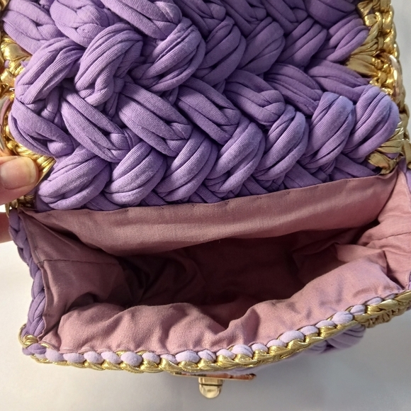 Womens Handbag Woven Metallic Gold Purple Crossbody Chain Chunky Fun - Picture 7 of 12